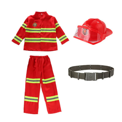 Children’s firefighter costume set with top, pants, adjustable helmet, and toy accessories, ideal for Halloween, career day, and imaginative play.