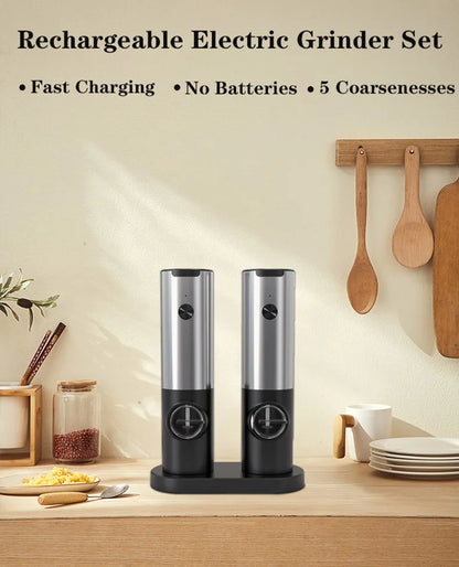 Close-up of USB rechargeable electric salt and pepper grinder set with LED light, stainless steel body, and adjustable coarseness knob. Perfect for precise seasoning in the kitchen.