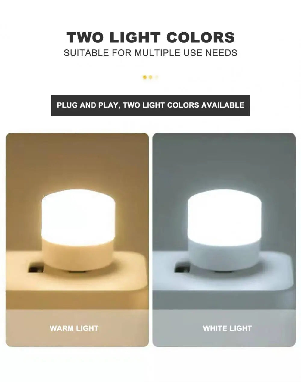 USB LED plug lamp, 1W night light providing warm white illumination. Available individually or in packs of 10, perfect for reading and portable lighting