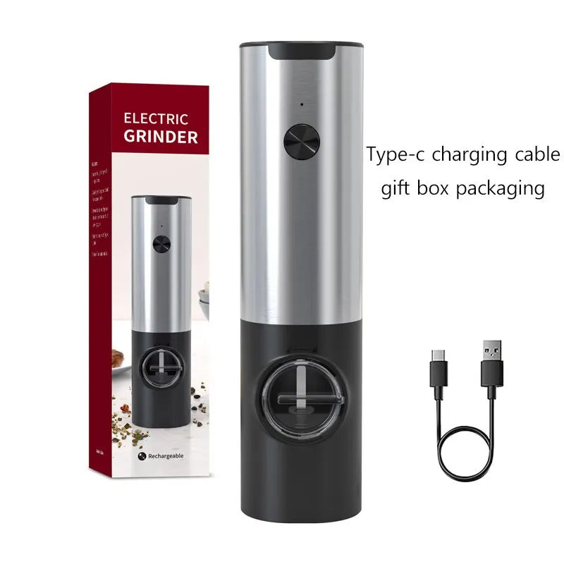 Close-up of USB rechargeable electric salt and pepper grinder set with LED light, stainless steel body, and adjustable coarseness knob. Perfect for precise seasoning in the kitchen.