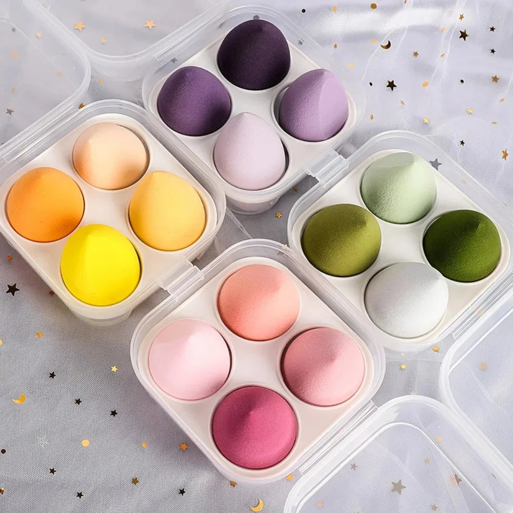 Assorted makeup sponges and puffs in a set of 4/8, ideal for applying foundation, concealer, and blush. Made of soft latex, perfect for a smooth, flawless makeup finish.