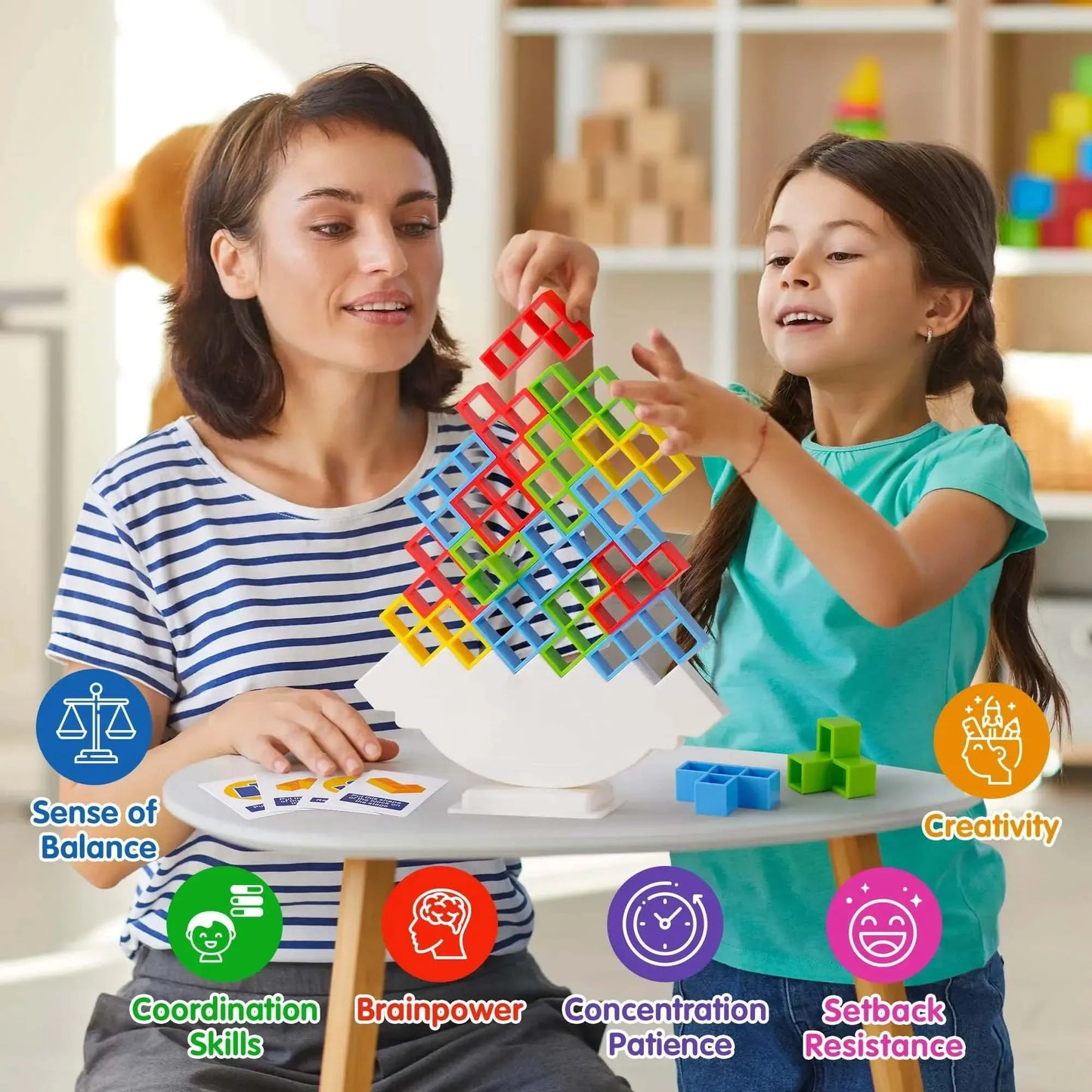 Colorful plastic blocks stacked in a balance game, perfect for kids and adults.