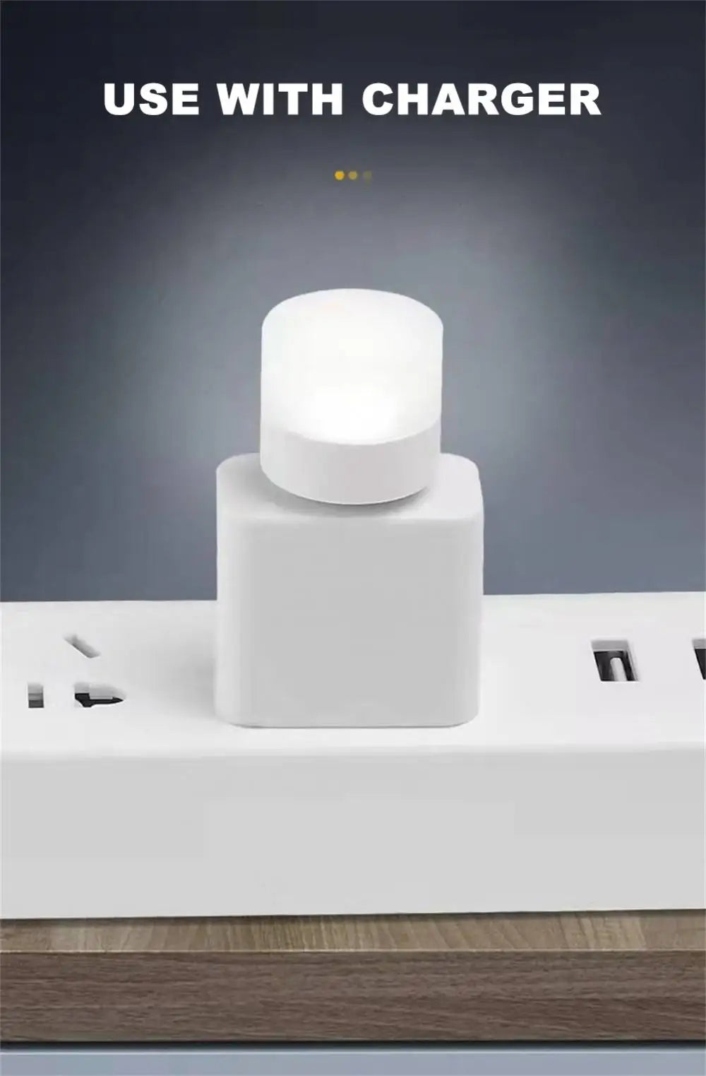 USB LED plug lamp, 1W night light providing warm white illumination. Available individually or in packs of 10, perfect for reading and portable lighting