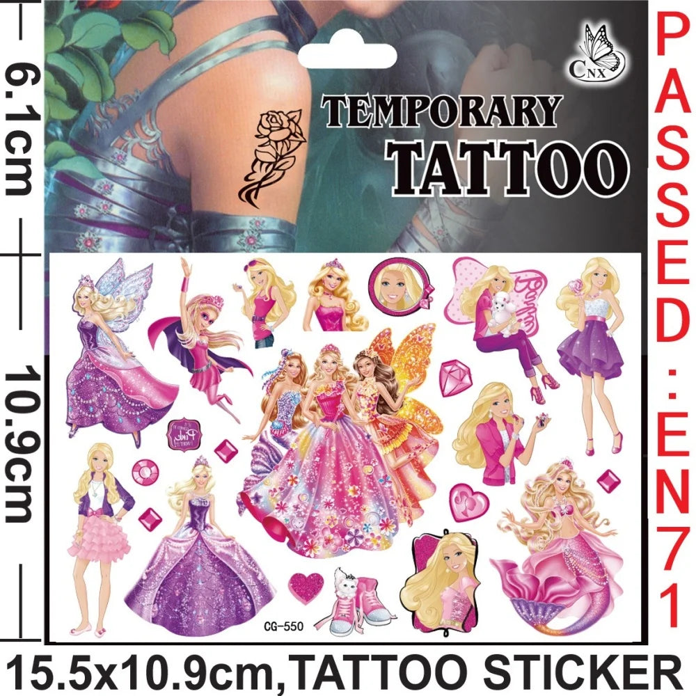 Barbie tattoo stickers featuring original pink princess designs. Waterproof and ideal for birthday parties, decorations, and gifts for kids and girls.