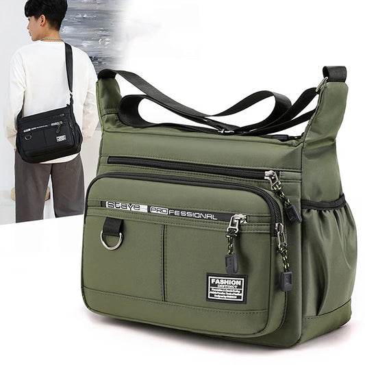 Men's waterproof Oxford messenger bag with a small sling design, featuring multiple compartments and an adjustable crossbody strap for stylish, organized daily use.