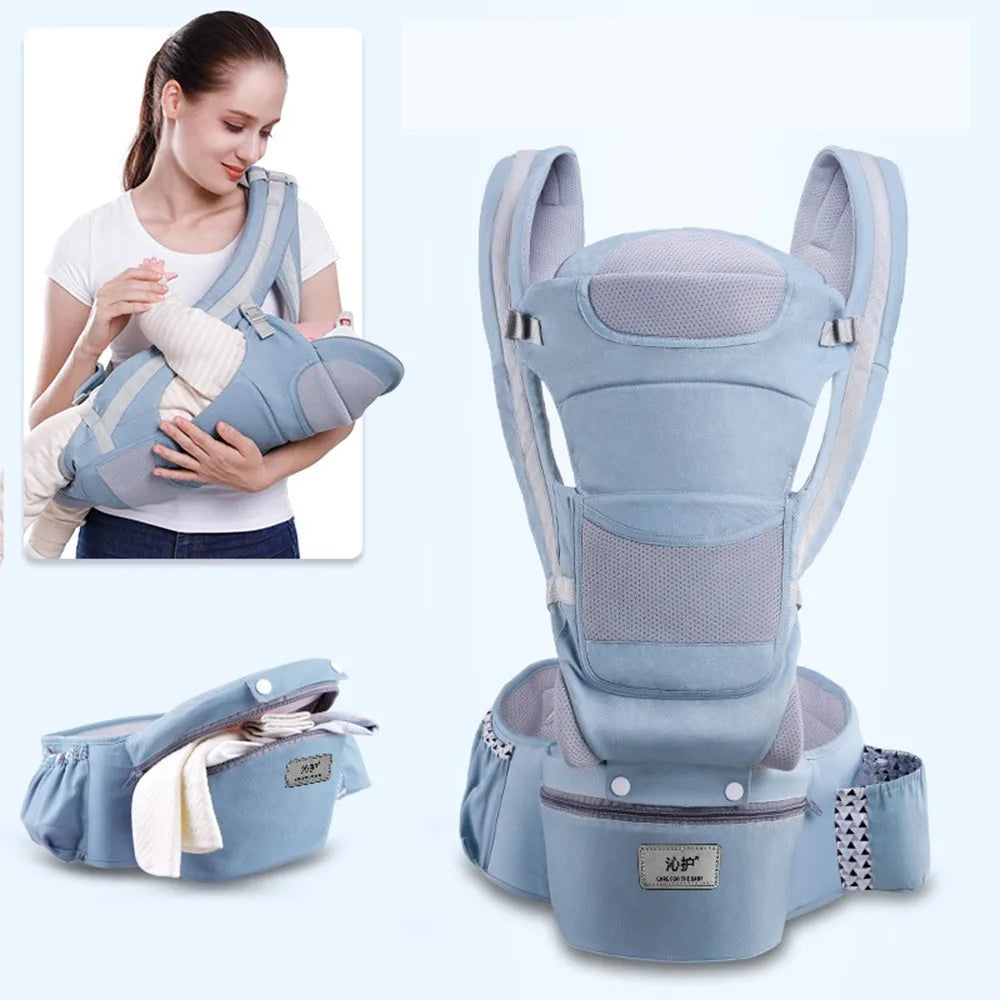 Ergonomic newborn baby carrier backpack with hipseat, front-facing option, and durable cotton fabric, ideal for infants and toddlers.