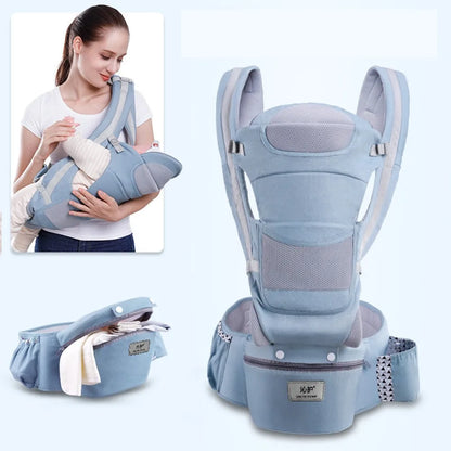 Ergonomic newborn baby carrier backpack with hipseat, front-facing option, and durable cotton fabric, ideal for infants and toddlers.