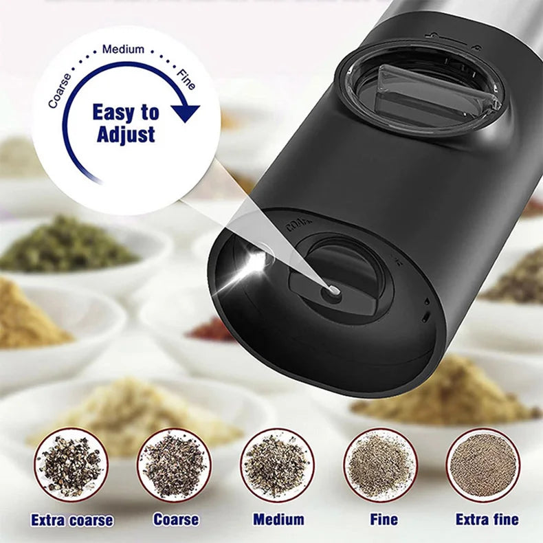 Close-up of USB rechargeable electric salt and pepper grinder set with LED light, stainless steel body, and adjustable coarseness knob. Perfect for precise seasoning in the kitchen.