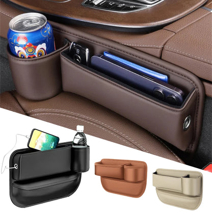 Leather car seat gap organizer with cup holder and compartments for storage