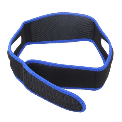 Blue anti-snore chin strap for stopping snoring and supporting jaw alignment.