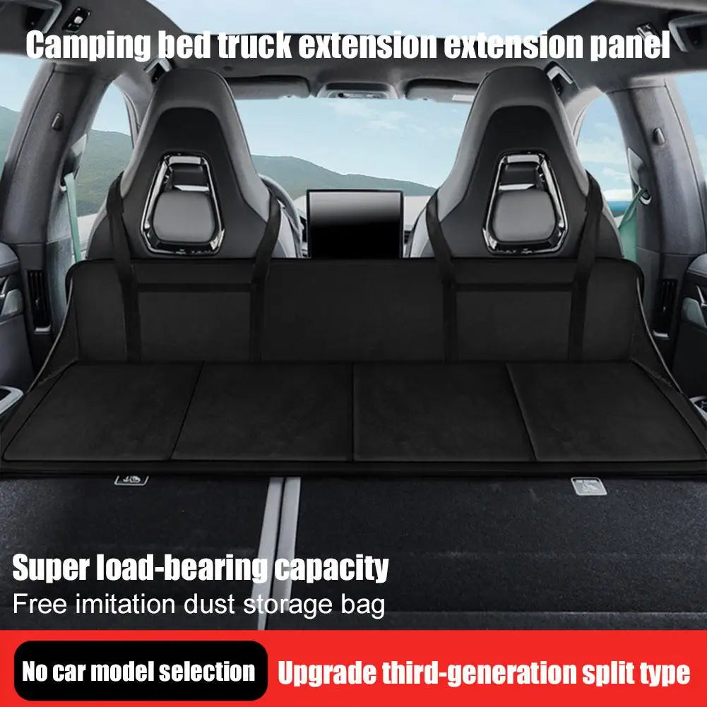 Foldable non-inflatable car mattress for SUVs and trucks with storage bag and side mesh.