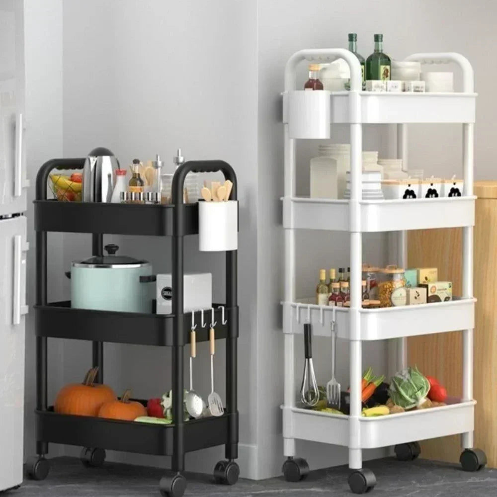 Mobile kitchen storage rack and organizer cart for versatile home use.