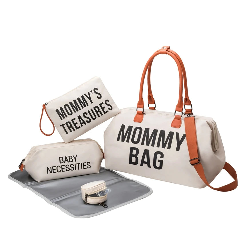 Portable travel mommy bag in a stylish print pattern, large-capacity design with an insulated compartment for milk bottles.