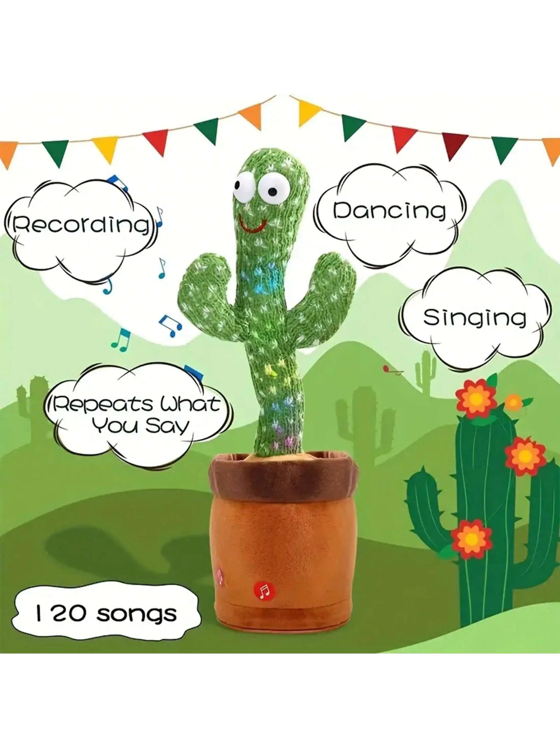 Dancing talking cactus toy that sings, mimics, and repeats phrases, made from soft cotton. Perfect for boys and girls aged 14 and up.