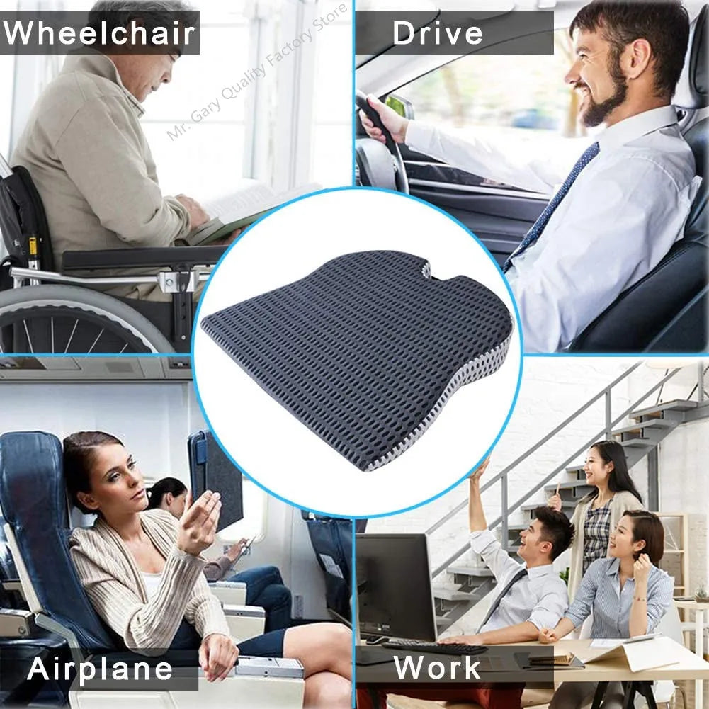 Memory foam wedge cushion for car seats, office chairs, and wheelchairs.