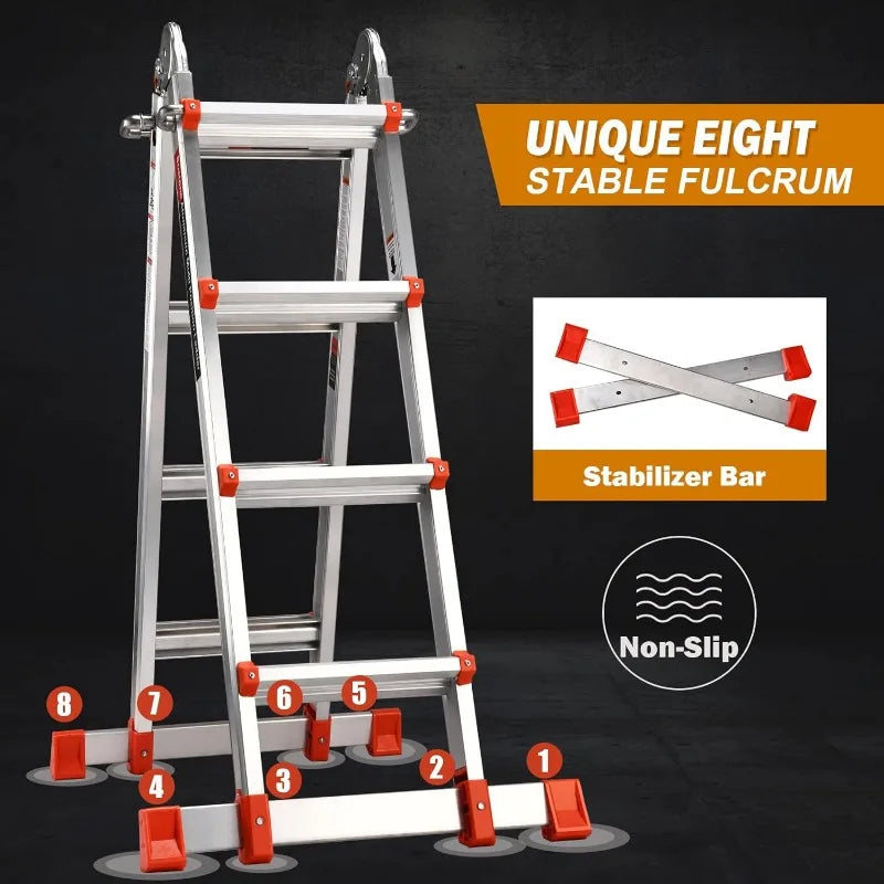 XMSJ 17 Ft telescopic aluminum ladder with stabilizer bars and removable tool tray.