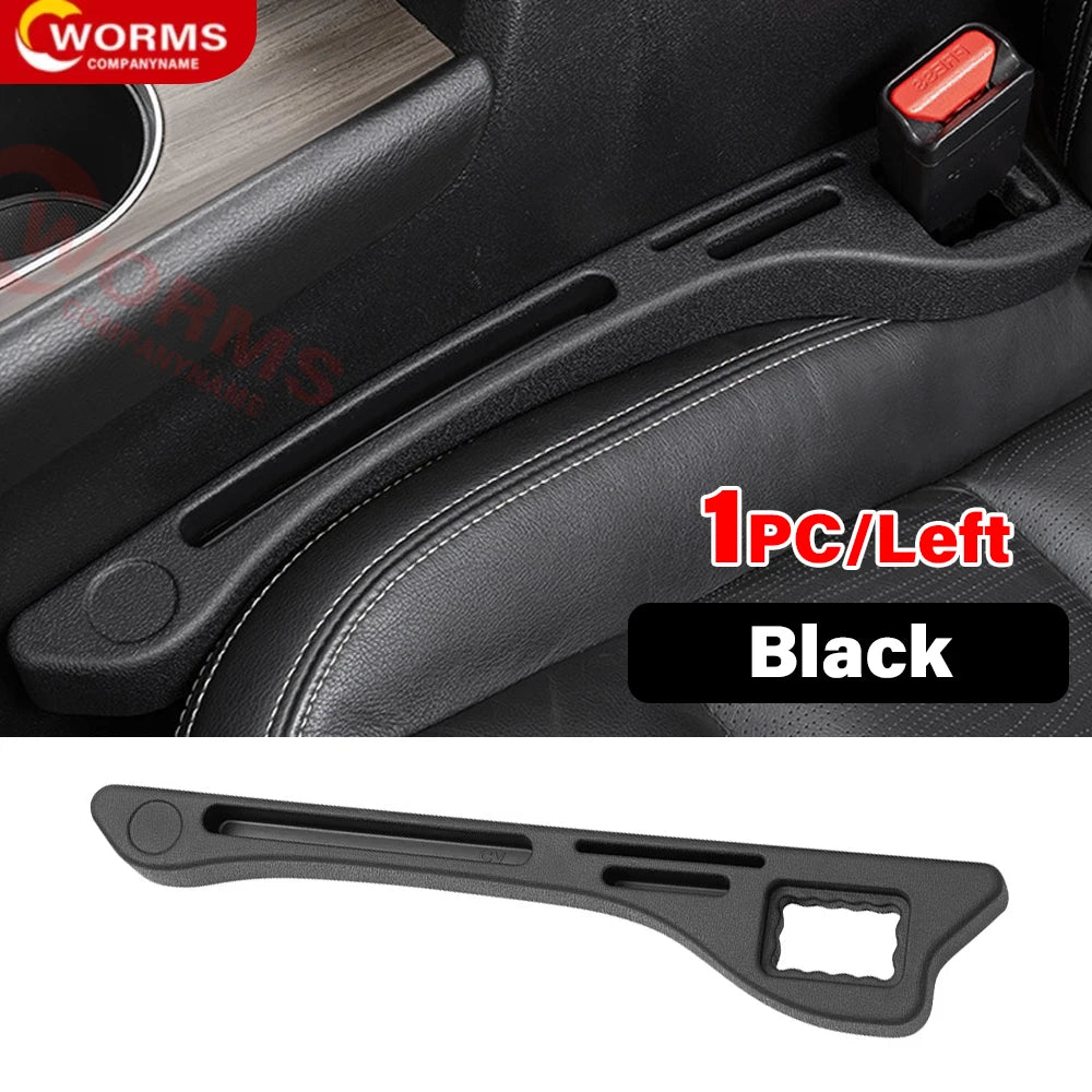 Universal car seat gap filler plug strip made from durable PU material, designed to prevent items from falling into the gap between the seat and console. Features holes for seat belt buckle access. Available in multiple colors.