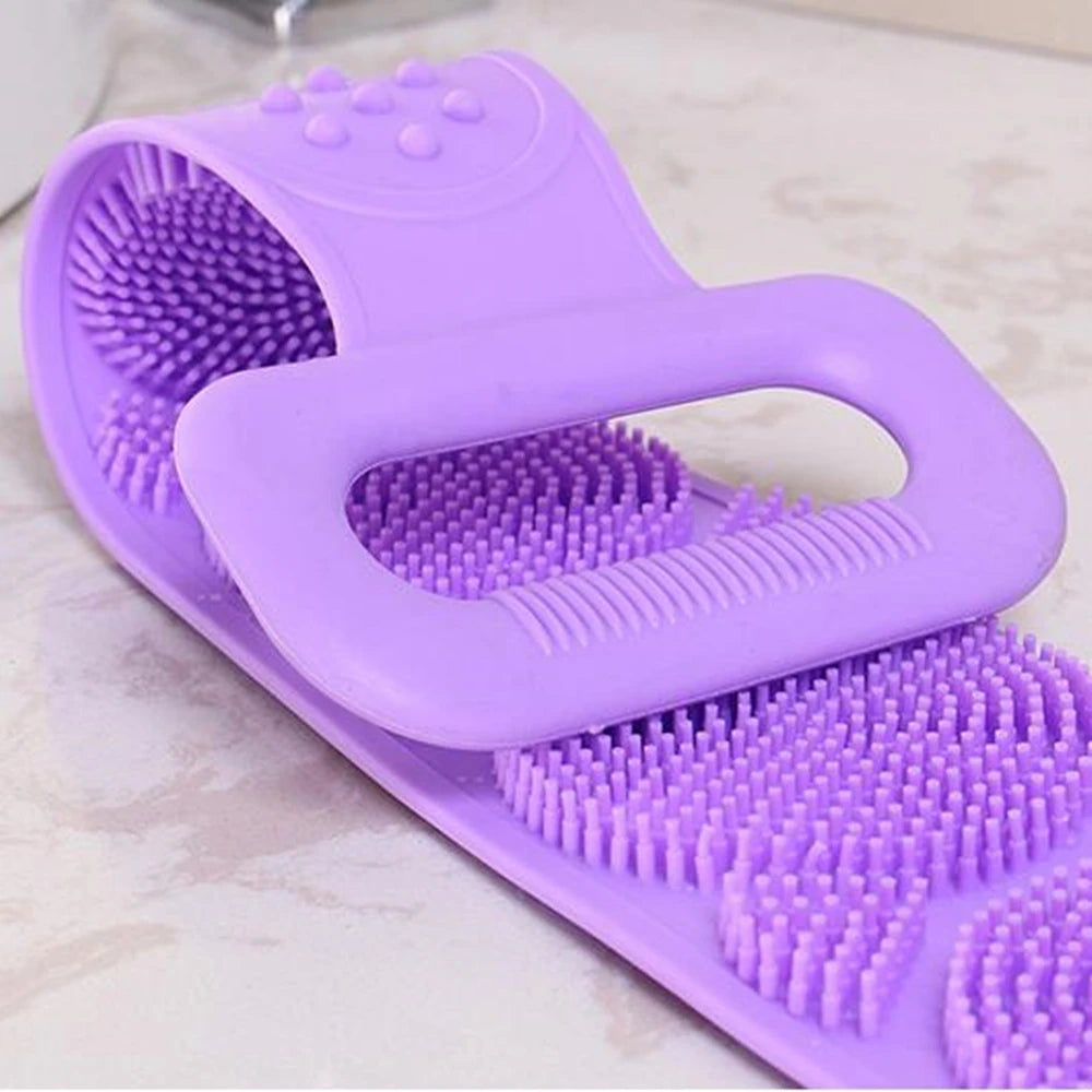 Silicone body scrubber bath brush with long strap for exfoliating and back massage