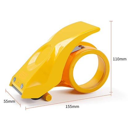 Heavy duty shipping tape dispenser with large transparent tape and built-in cutter.