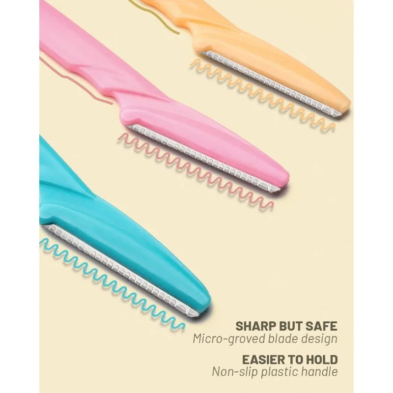 Set of 12 eyebrow razors for women in three vibrant colors, featuring stainless-steel microblades and a non-slip handle for safe, precise facial hair removal and dermaplaning