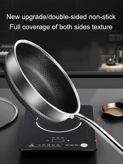 Tri-Ply Stainless Steel Frying Pan 316 Wok with Double-Sided Honeycomb Design