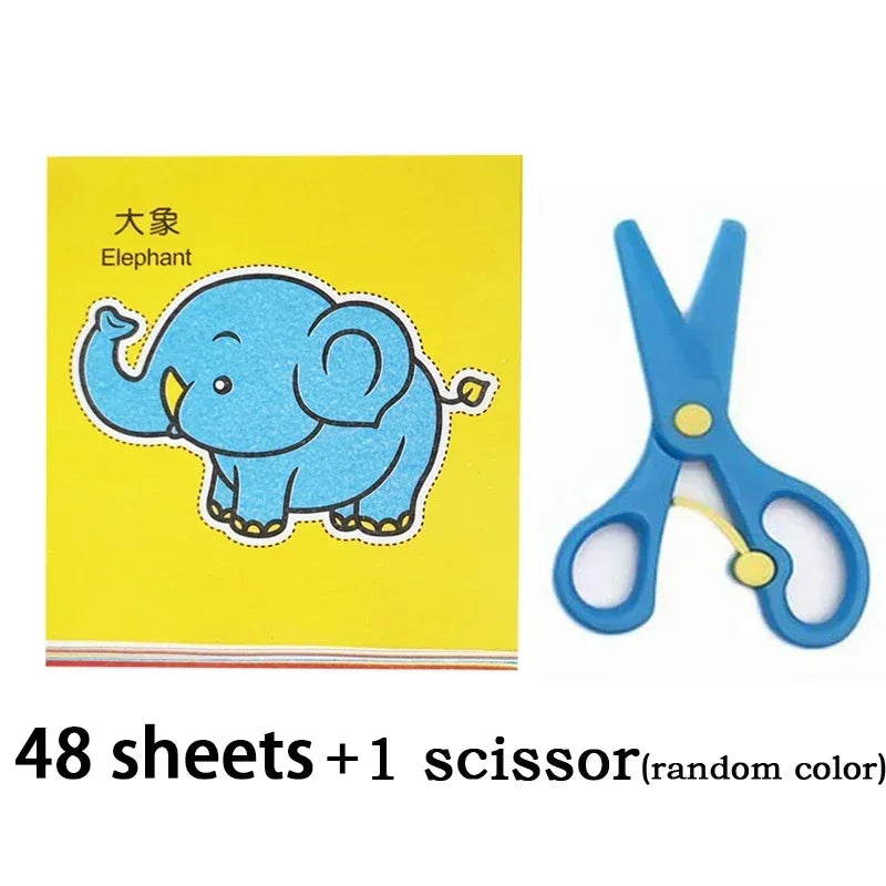 Colorful paper cut-outs and scissors from a DIY craft kit for children, featuring various cartoon-themed designs.