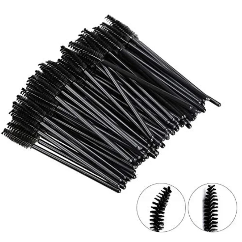 A collection of disposable eyelash mascara brushes and eyebrow spoolie wands, available in packs of 100 or 300. Ideal for lash extensions, eyebrow grooming, and makeup application.