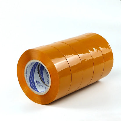 Five rolls of clear packaging tape stacked, showcasing their length and thickness, perfect for secure sealing and shipping.