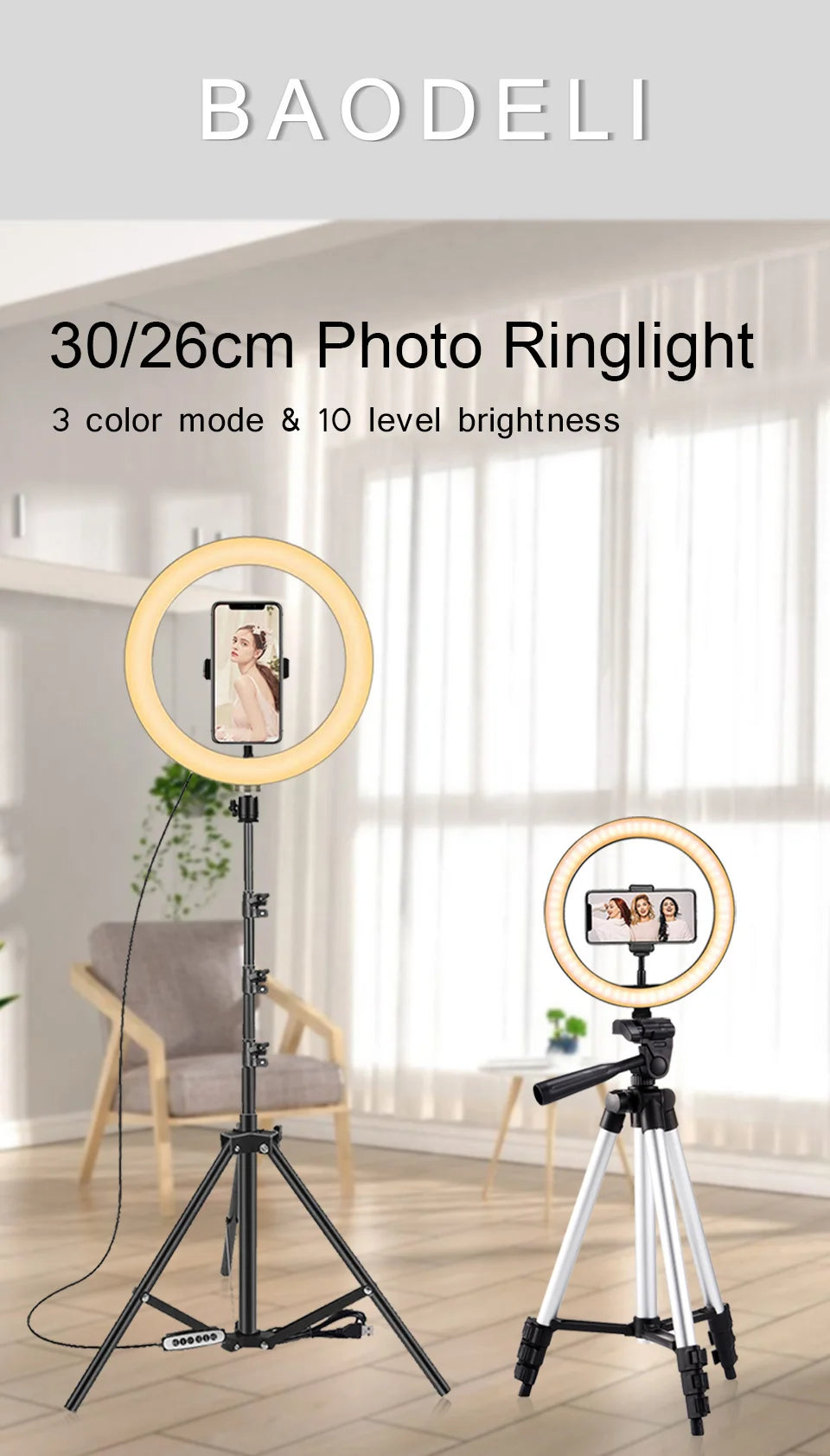 10" LED selfie ring light with adjustable bi-color temperature (3200K-5600K), 3 light modes (white, warm, soft), 10 brightness levels, and a stable tripod with phone stand. Ideal for makeup, live streaming, and photography.