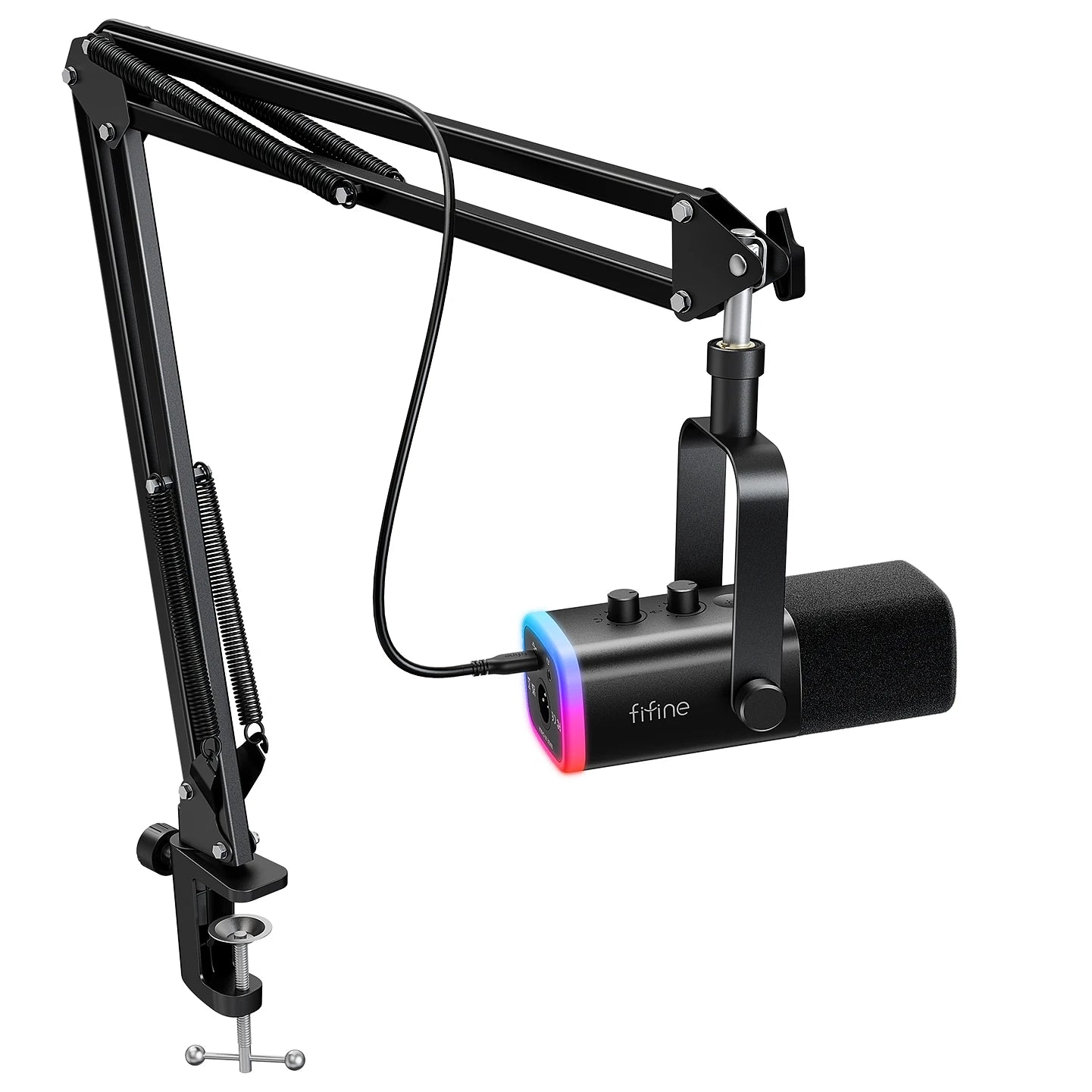 FIFINE XLR/USB Gaming Microphone Kit with dynamic sound, RGB lighting, and boom arm for streaming on PC, PS5, and PS4.