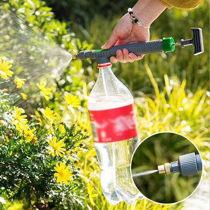 Adjustable high-pressure manual sprayer nozzle attached to a plastic bottle, used for garden watering and cleaning.