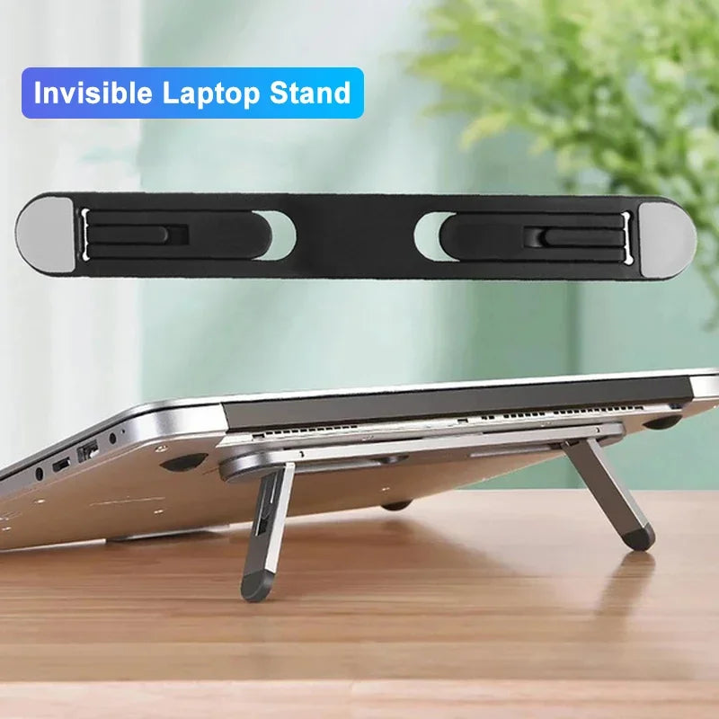 Foldable black laptop riser stand for MacBook, Lenovo, Samsung, providing cooling and ergonomic support.