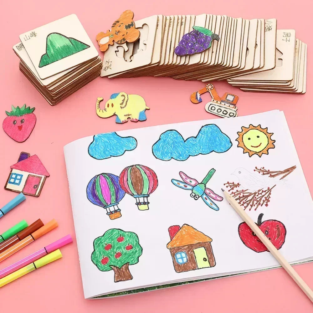 Wooden drawing stencils for kids, featuring various shapes and patterns. Ideal for DIY painting and crafting, designed for children aged 3-12 years.