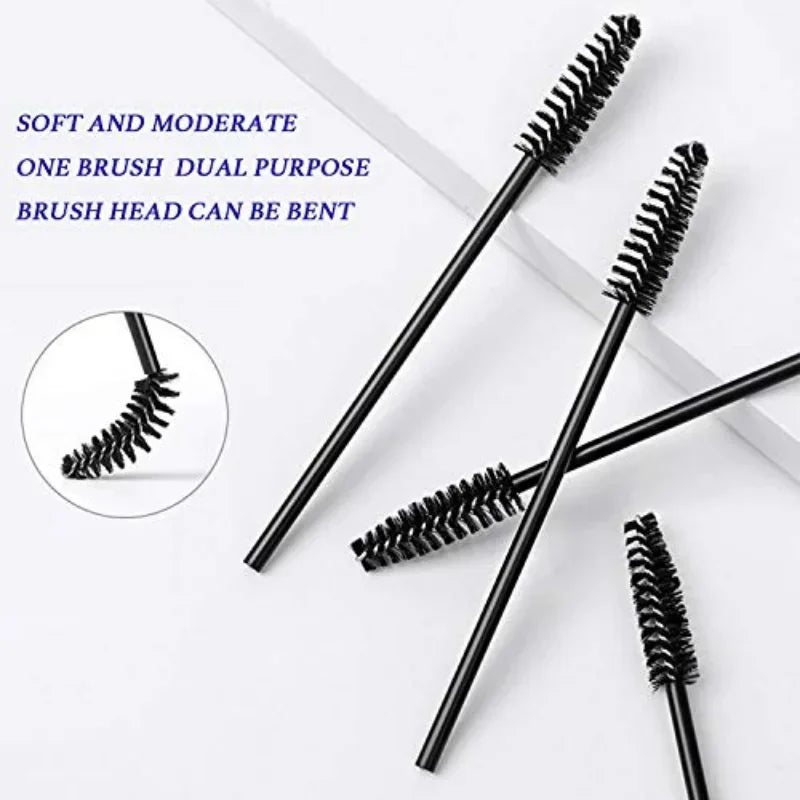 A collection of disposable eyelash mascara brushes and eyebrow spoolie wands, available in packs of 100 or 300. Ideal for lash extensions, eyebrow grooming, and makeup application.