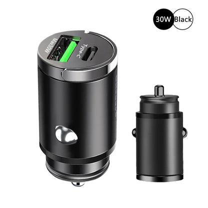 100W Car Charger with dual PD30W & QC30W intelligent chips, featuring a sleek zinc alloy body and a compact, pull-ring design. Compatible with USB and Type C devices for fast and safe charging.