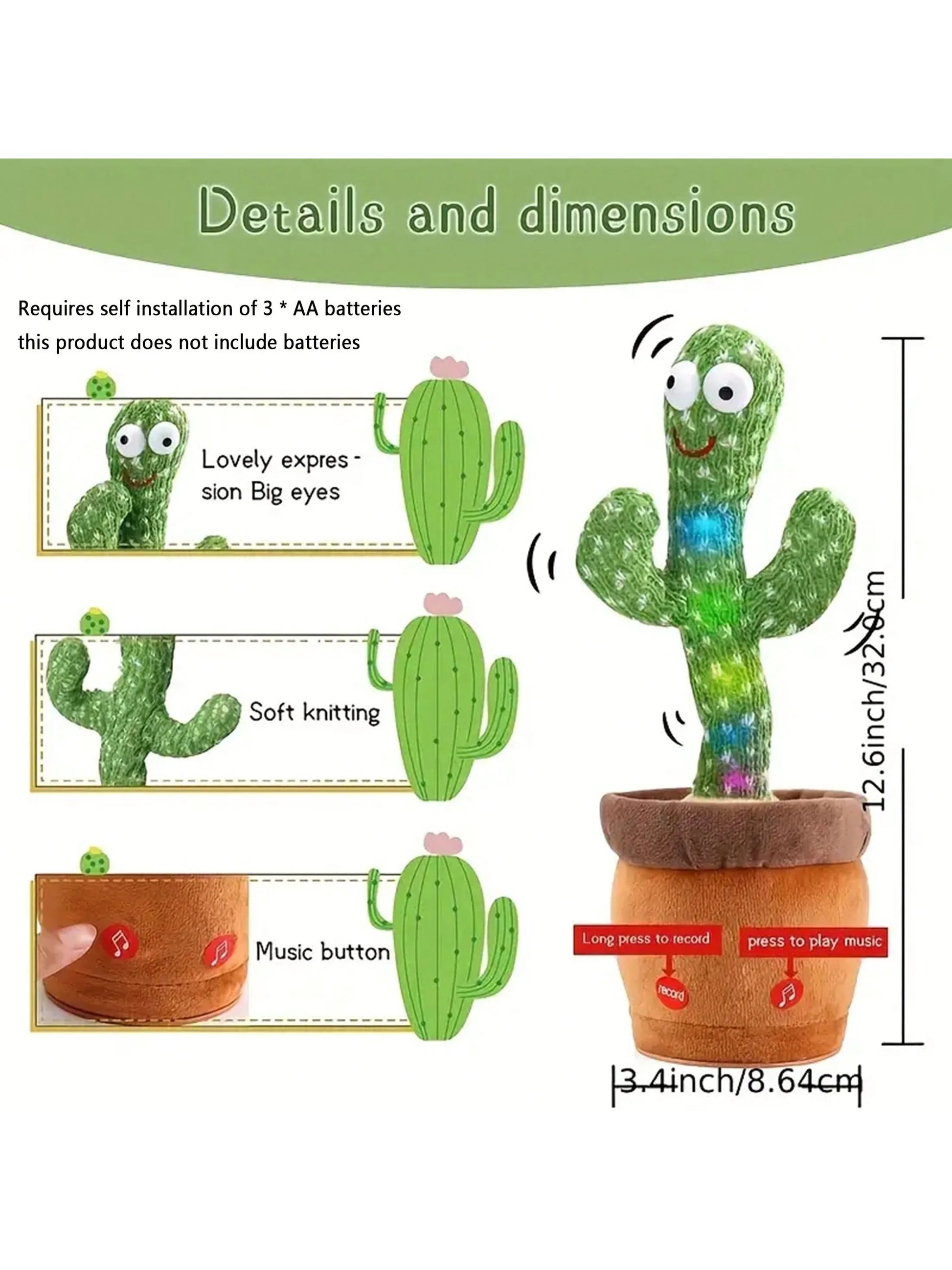 Dancing talking cactus toy that sings, mimics, and repeats phrases, made from soft cotton. Perfect for boys and girls aged 14 and up.