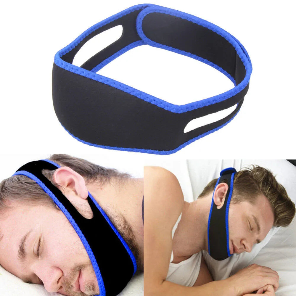 Blue anti-snore chin strap for stopping snoring and supporting jaw alignment.