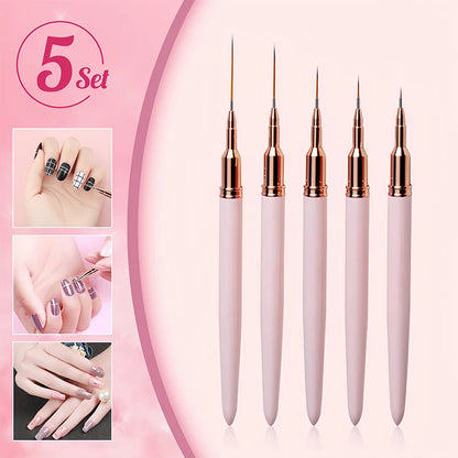 Set of five pink-handled nail art liner brushes of varying sizes displayed in a fan arrangement.