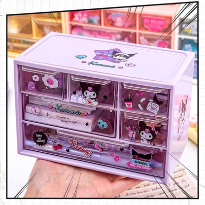 Sanrio 6-Grid Transparent Desktop Storage Box with Kuromi, Melody & Cinnamoroll Stickers