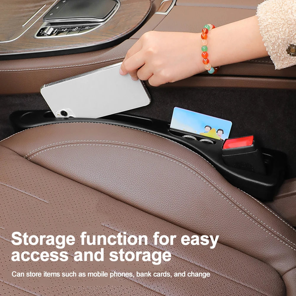 Car seat gap filler organizer with 3 grooves for small items, waterproof PU material.