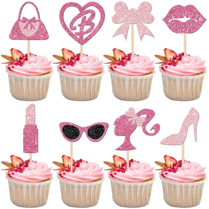 Barbie Pink Glitter Princess Cupcake Toppers for Wedding, Birthday, Baby Shower