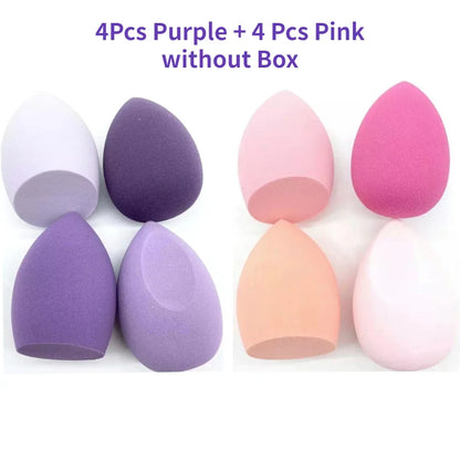 Assorted makeup sponges and puffs in a set of 4/8, ideal for applying foundation, concealer, and blush. Made of soft latex, perfect for a smooth, flawless makeup finish.