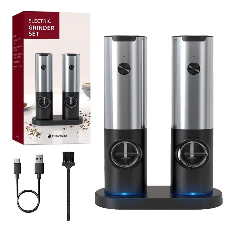 Close-up of USB rechargeable electric salt and pepper grinder set with LED light, stainless steel body, and adjustable coarseness knob. Perfect for precise seasoning in the kitchen.