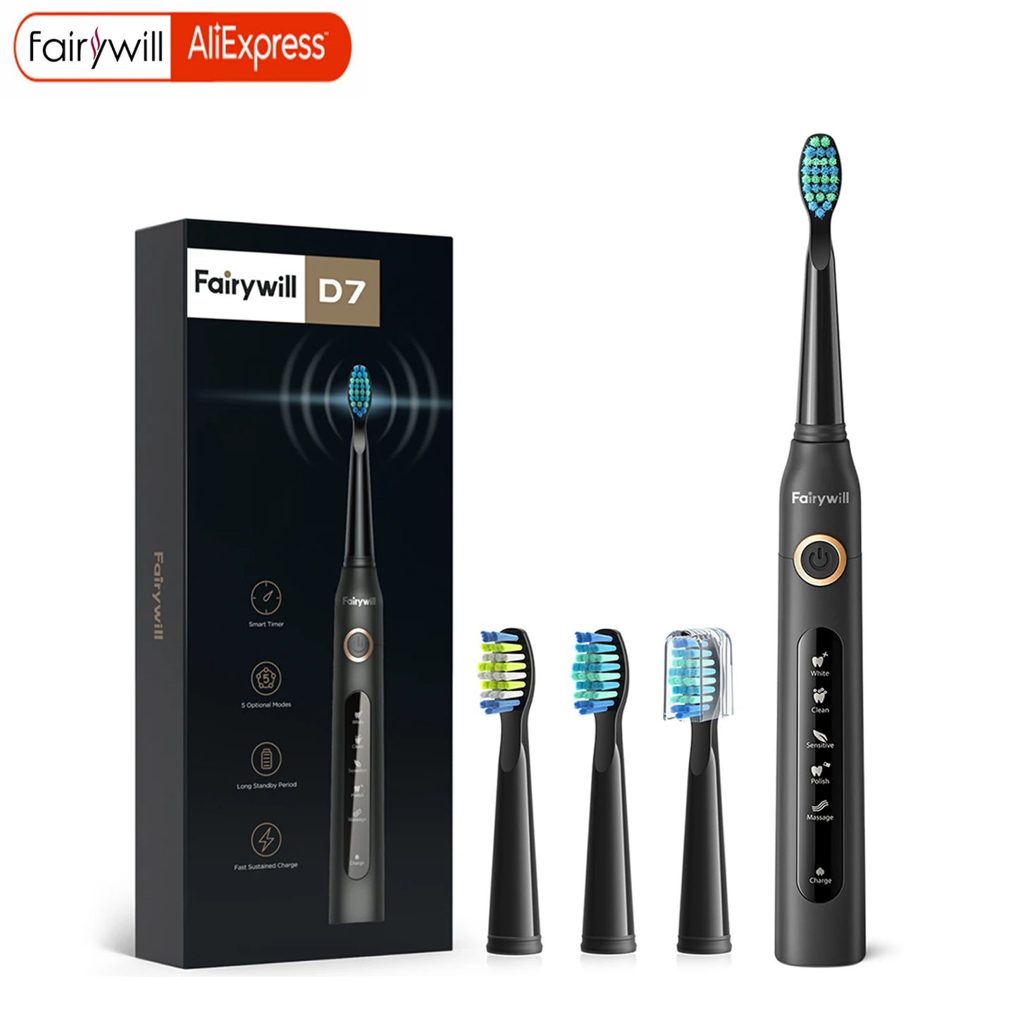 Fairywill FW-507 Electric Sonic Toothbrush with USB charging and 4 replacement heads, designed for deep cleaning with 5 customizable modes and IPX7 waterproof rating.