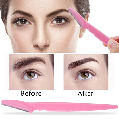 Eyebrow trimmer set in pink, yellow, blue, and black, featuring stainless steel blades and ergonomic handles. Includes 3, 4, or 10 pieces for portable grooming.