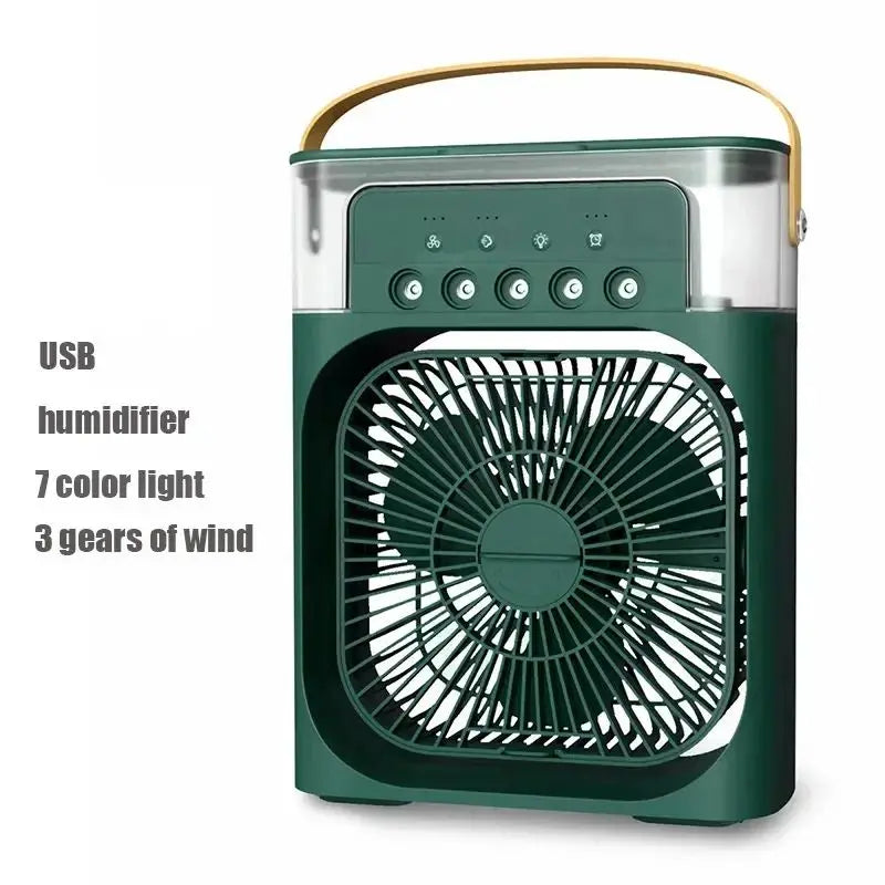 Portable 3-in-1 air cooler fan with 7-color LED lights, featuring a 600ML tank, ideal for cooling and humidifying in any space.