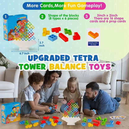 Colorful plastic blocks stacked in a balance game, perfect for kids and adults.