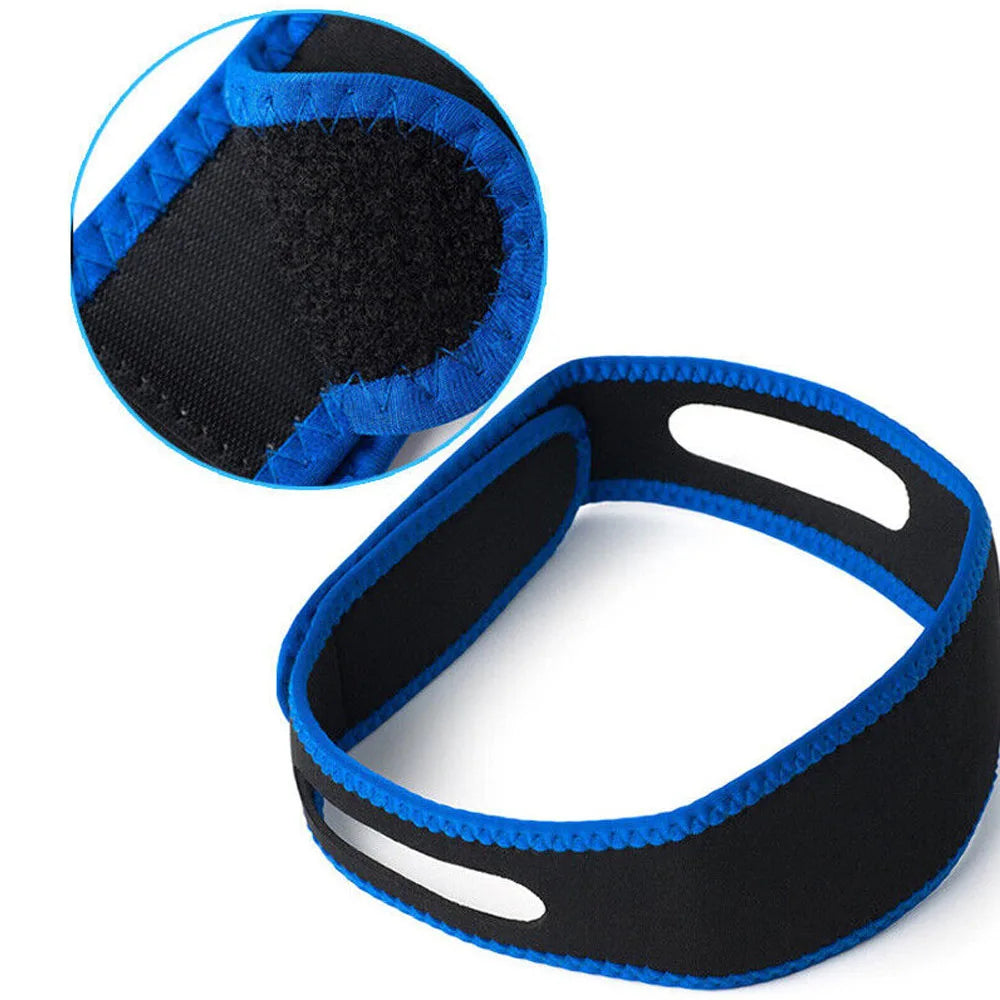 Blue anti-snore chin strap for stopping snoring and supporting jaw alignment.