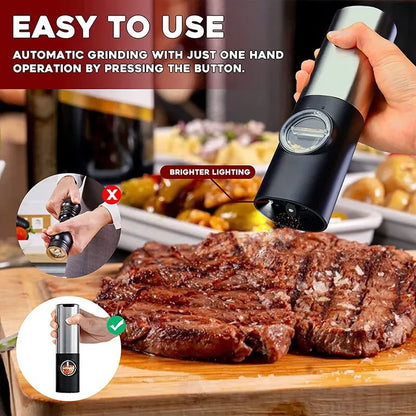 Close-up of USB rechargeable electric salt and pepper grinder set with LED light, stainless steel body, and adjustable coarseness knob. Perfect for precise seasoning in the kitchen.