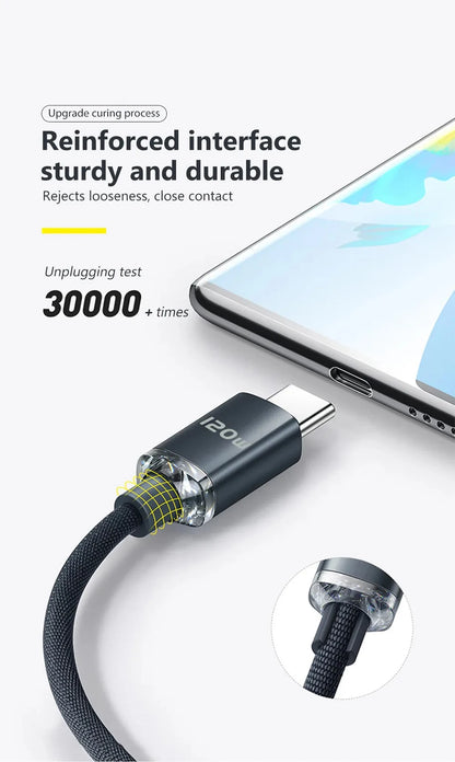 120W 6A Fast Charge USB Type-C Cable, compatible with Samsung, Realme, Xiaomi, Huawei